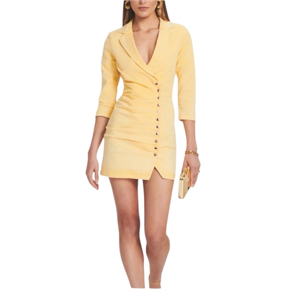 Retrofête Willa Yellow Denim Mini Dress Ruched Button Front Italy M